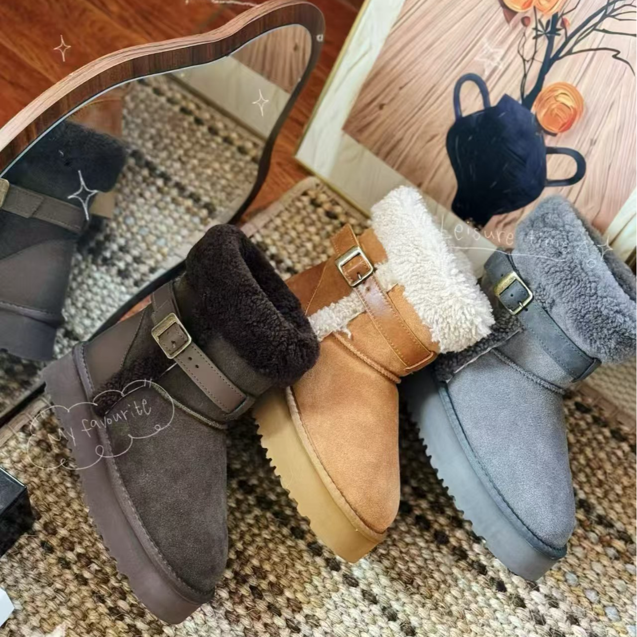 羊羔毛翻毛卷毛口皮带扣雪地靴女2025冬季加绒保暖中筒厚底骑士靴