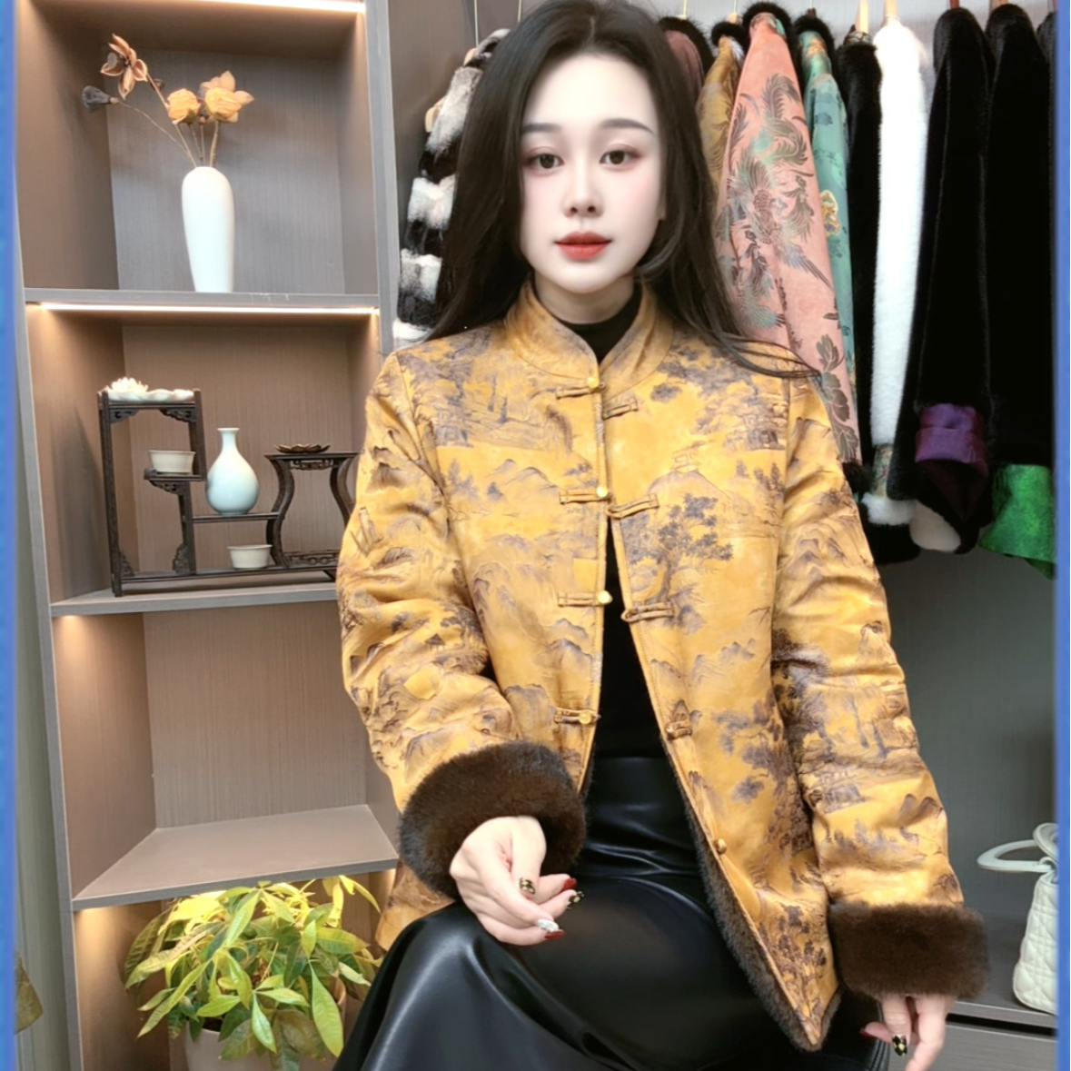 新中式皮毛一体冬立领上衣水貂毛保暖修身款提花女外套S051