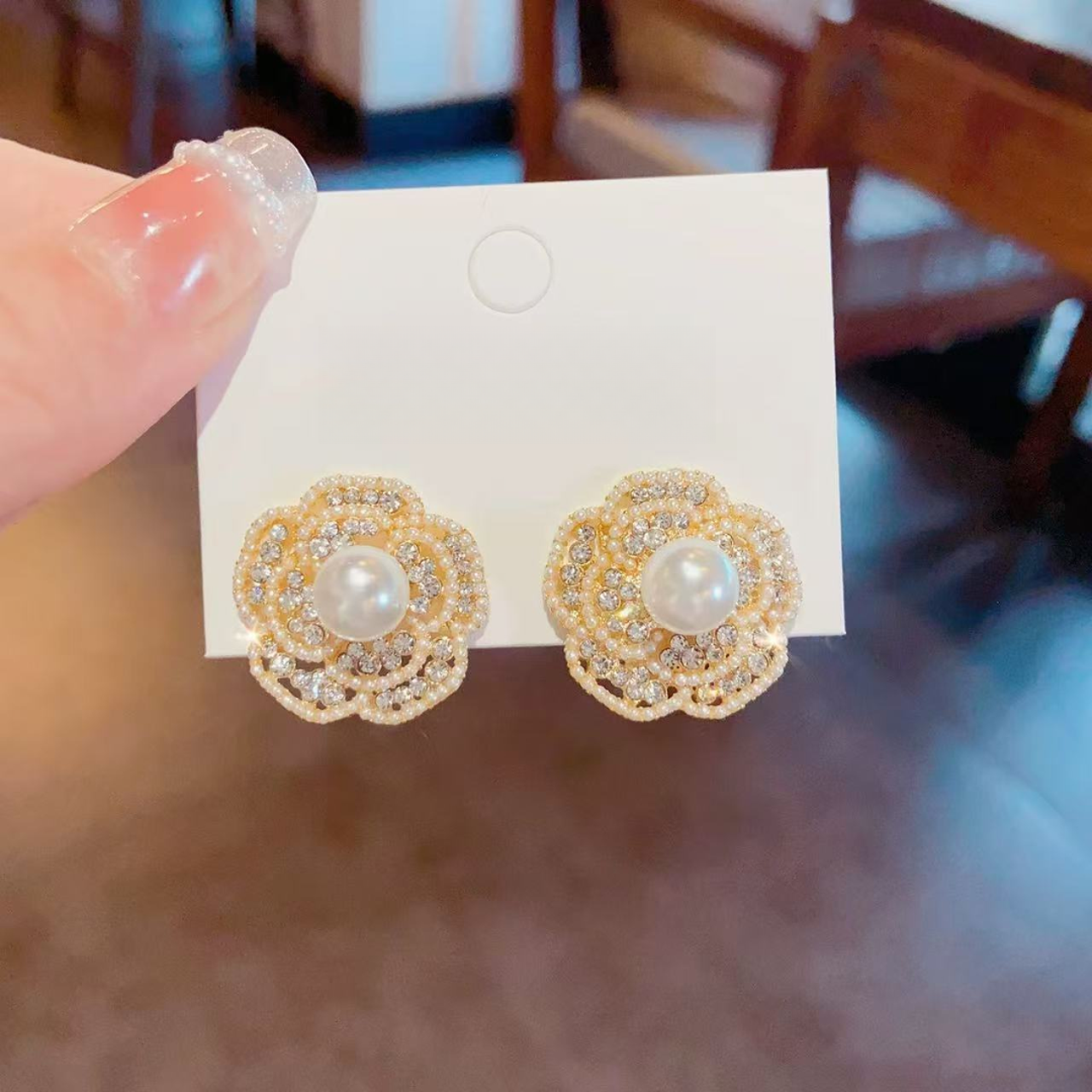 铜合金耳饰 米珠山茶花宫廷风复古时尚手工锆石气质轻奢耳钉