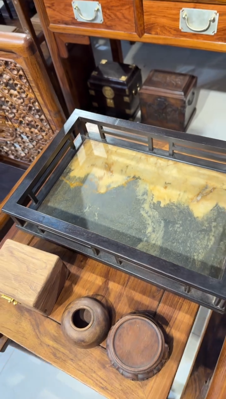 木木头款紫檀镶嵌云石板置物盘568.888