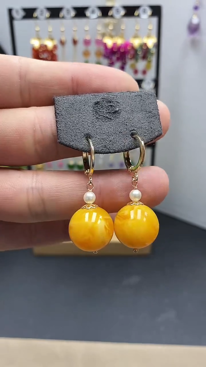 【闪购商品】蜜蜡耳饰银S925镀金镶嵌尺寸16mm耳扣06