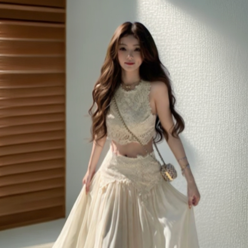 显瘦时尚夏季裙子仙女风短裙法式时尚套装蕾丝气质性感小众高腰款