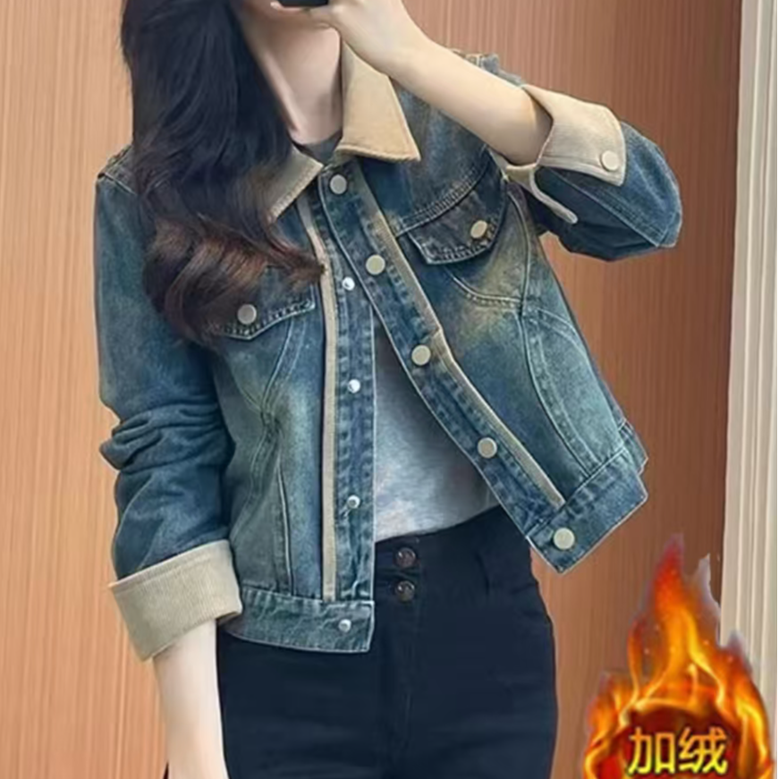 2024新款外套女韩国秋冬季短款小个子设计感百搭牛仔加绒短外套