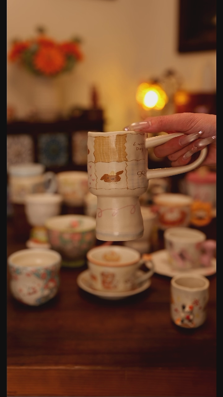 陶瓷手柄款粗陶高脚杯 手绘釉下彩