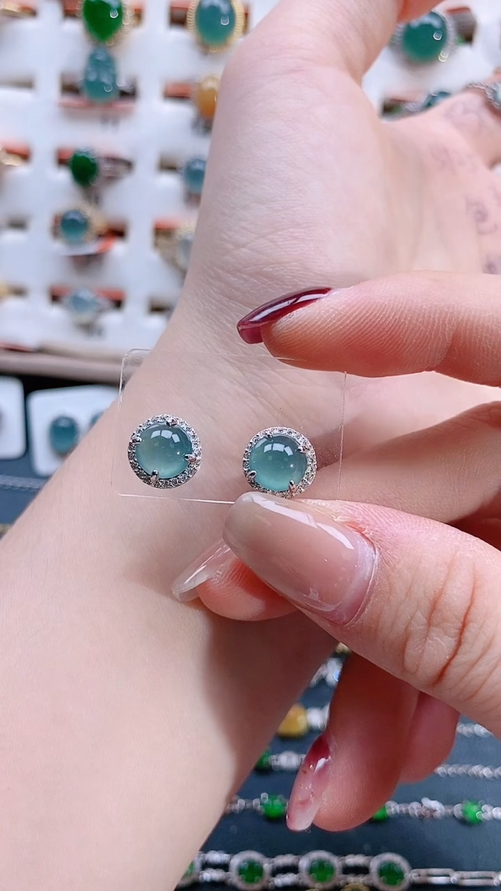 银S925镶嵌翡翠耳饰天然翡翠