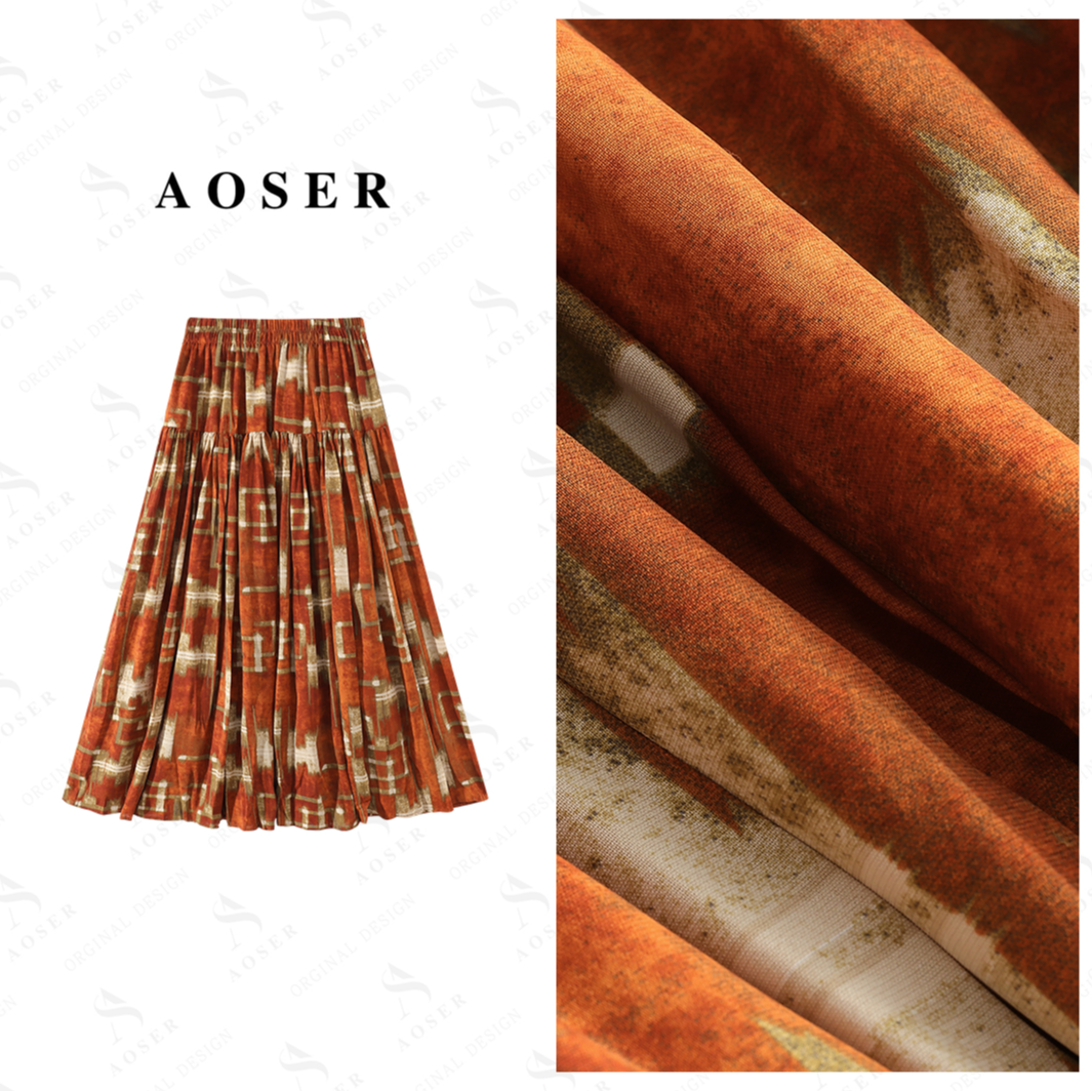 AOSER慵懒风复古几何碎花A字褶皱大摆裙女装拼接半身裙秋冬2741