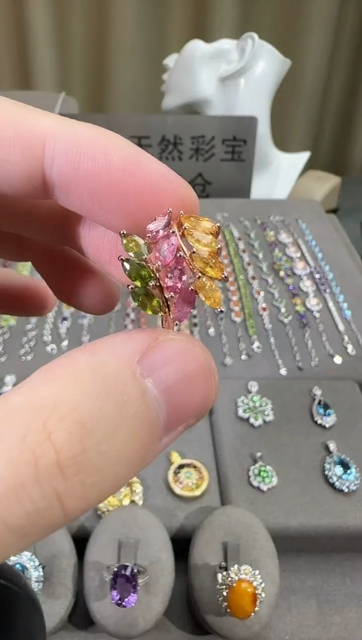 银S925镶嵌戒指碧玺3*4mm麦穗戒指多样性发其一