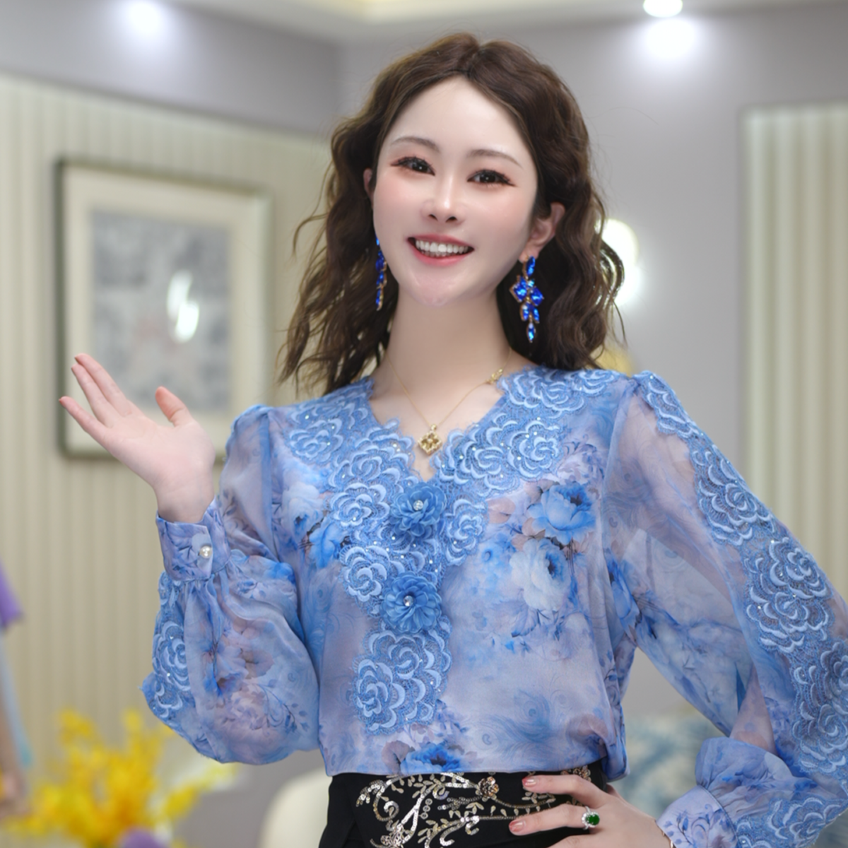 【雨后轻灵】春季新款洋气减龄碎花衬衫感蓝色出游衬衣 DY5629