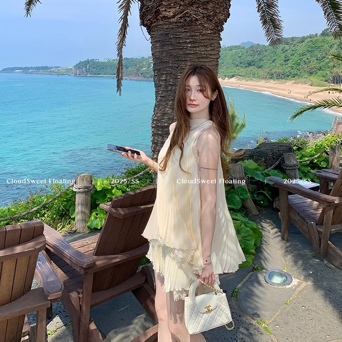 老钱风松弛感女装恋夏风情蕾丝挂脖无袖上衣韩版雪纺套装