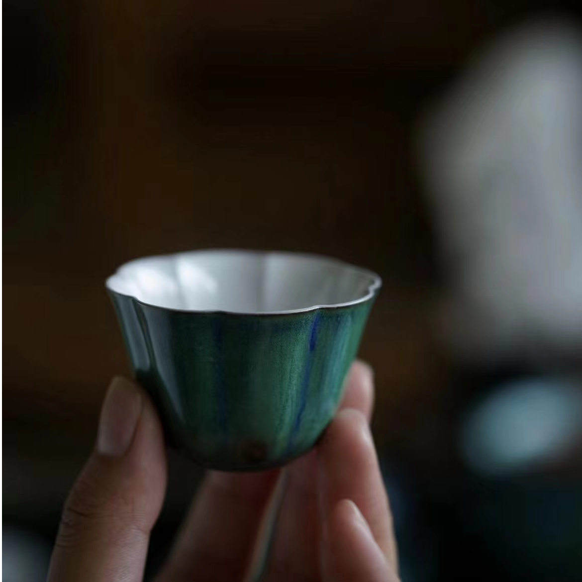 官绿釉--落桐海棠茶杯品茶杯客杯主人杯