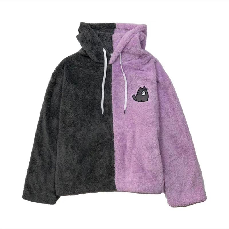 秋冬外贸款拼色刺绣胖吉猫珊瑚绒女款外穿绒衫舒适柔卫衣 202545