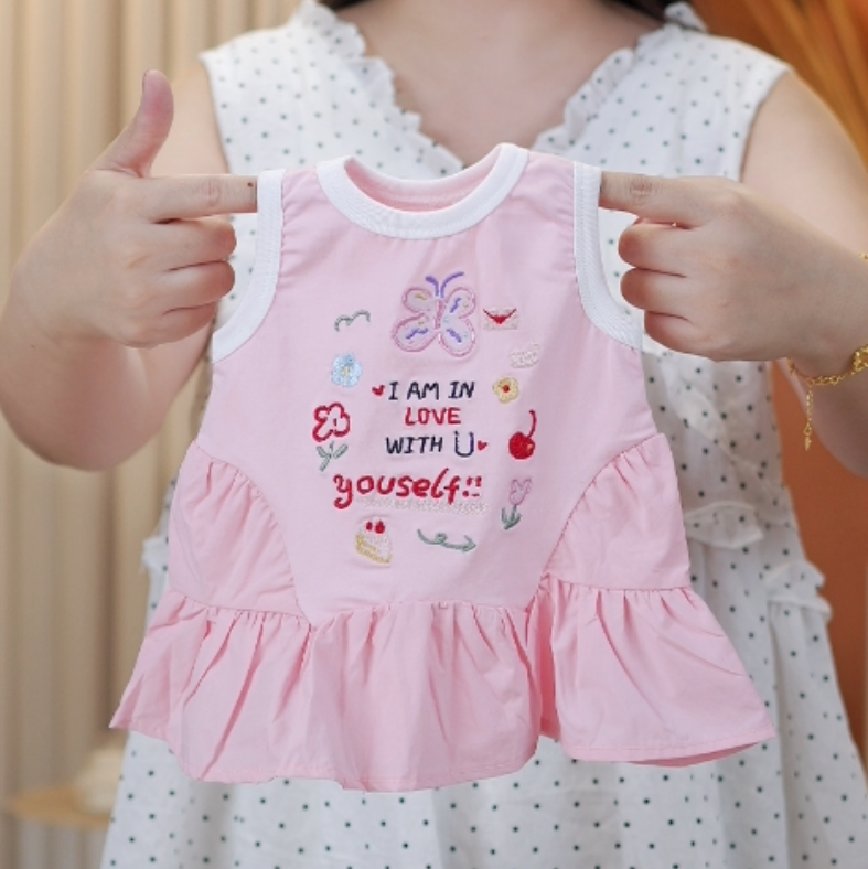 女童夏季新款连衣裙女宝无袖背心半身裙褶皱裙儿童甜美印花童装