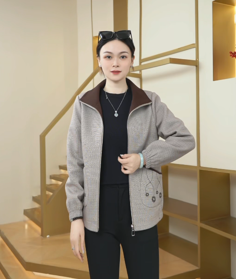 秋冬新款气质时尚休闲百搭拼接宽松翻领拼色女士洋气短外套