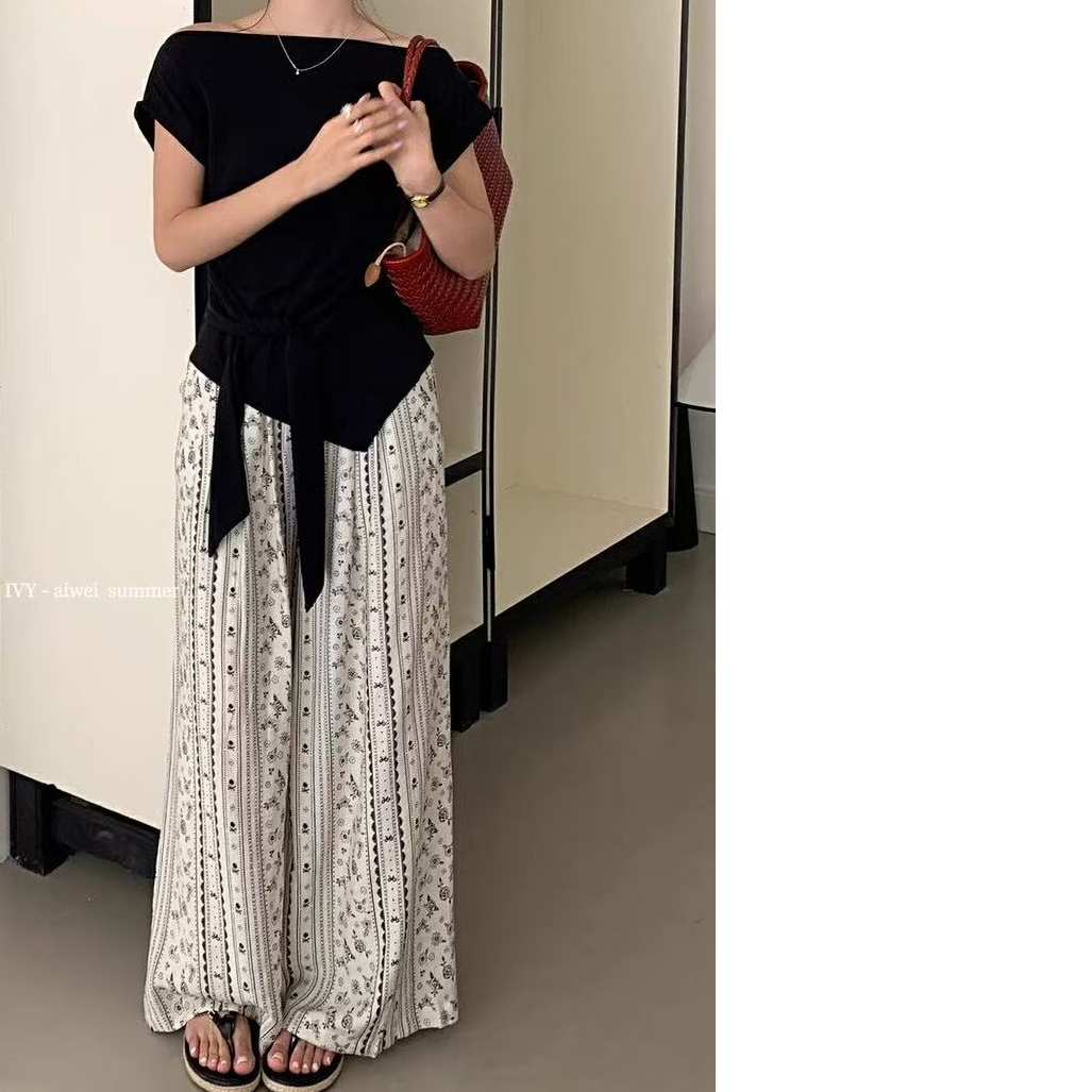 2557#2025新款时尚一字肩T恤休闲裤两件套套装