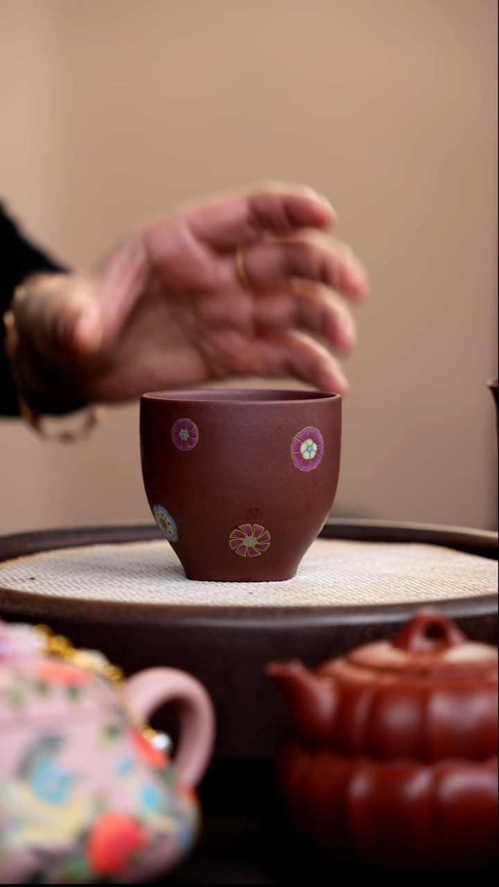 茶壶紫砂紫泥皮球花方圆杯