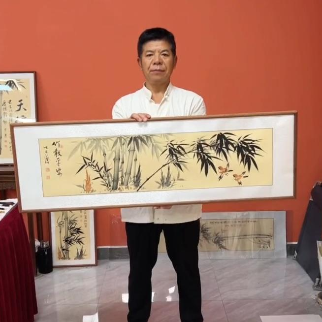 张富民手绘作品/竹报平安（乌檀木外框）/古宣/122*40cm左右/
