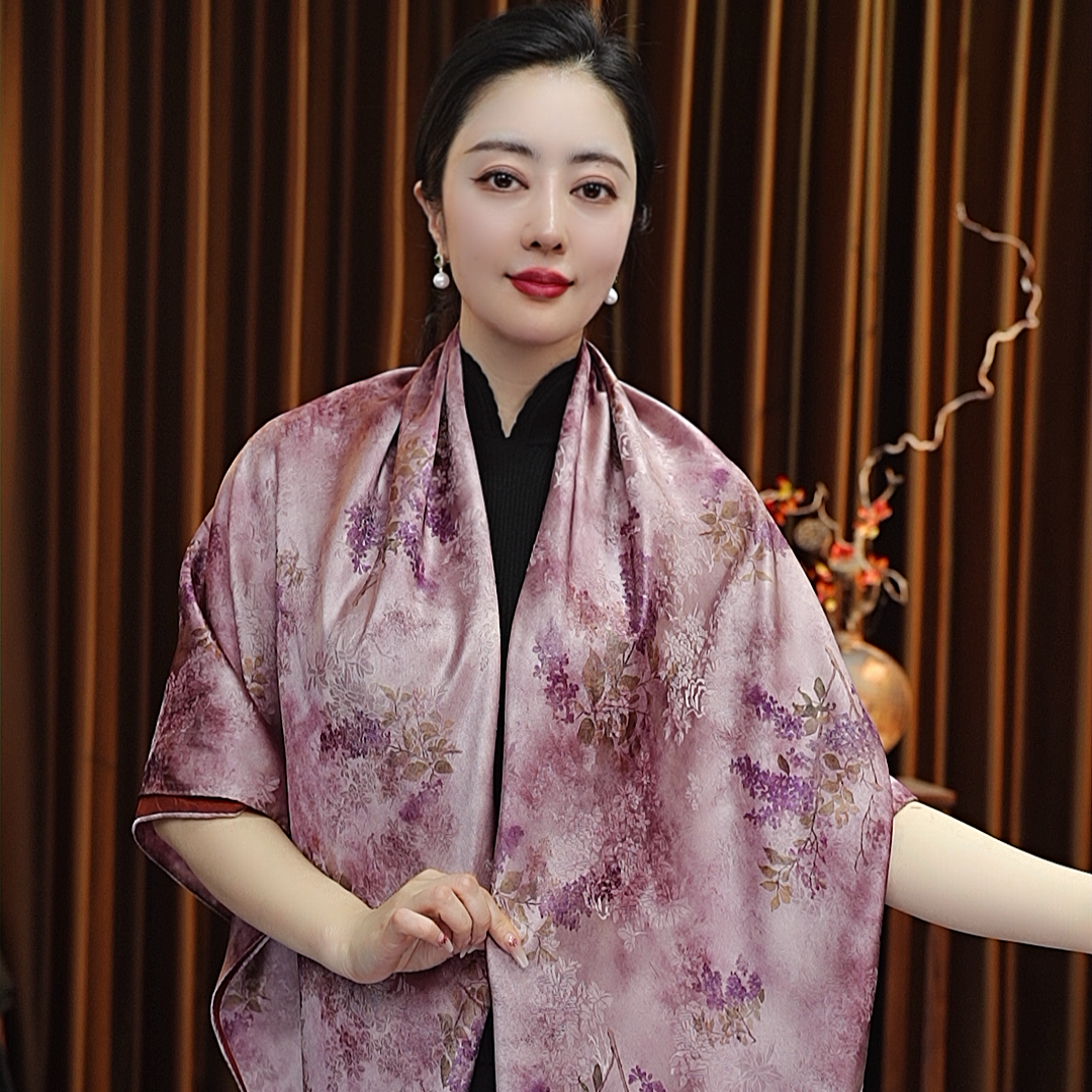【紫藤花】135*135湖丝老料大方巾围巾女士丝巾百搭国风四季款百搭