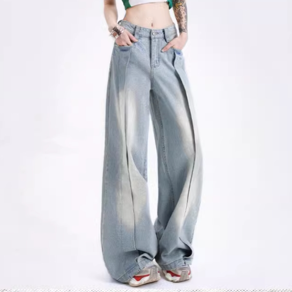韩系复古流行时髦设计感牛仔裤女个性女中高腰阔腿直筒牛仔裤