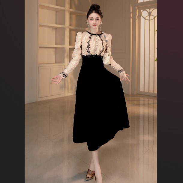 【设计师定制】公主风拼接轻熟风连衣裙名媛法式秋季晚礼服45414