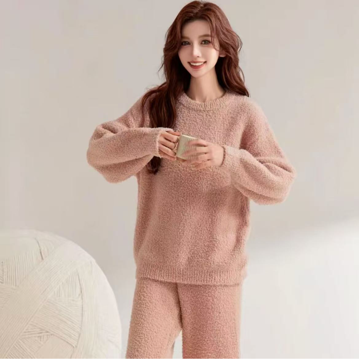 半边绒居家服睡衣套装保暖加绒高档可外穿秋冬家居服