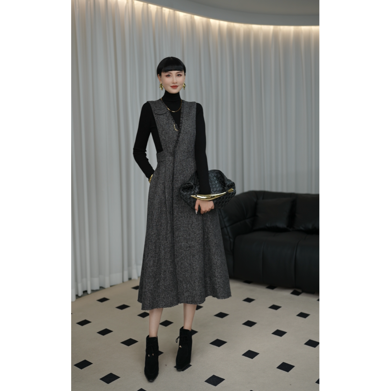 赫本背心裙-时尚气质显瘦中长款马夹连衣裙女H44ZLA0094