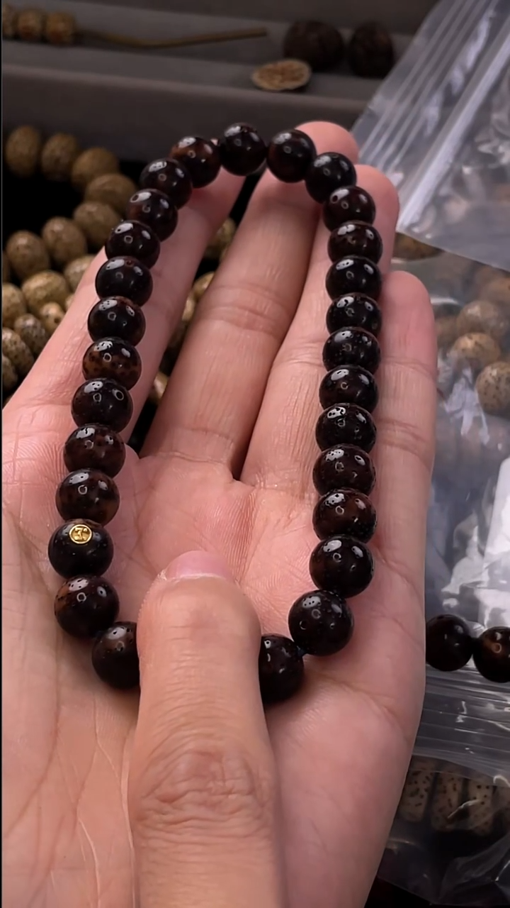 手串星月菩提金*金精工级深珀花皮圆珠9手持