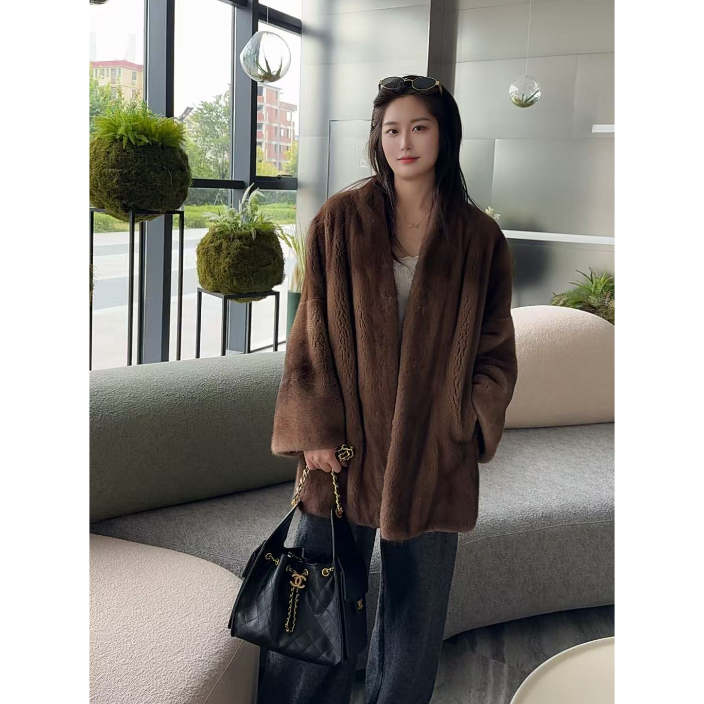 【佳乐皮草】2025新款斗篷款蝙蝠袖进口天鹅绒貂皮年轻外套