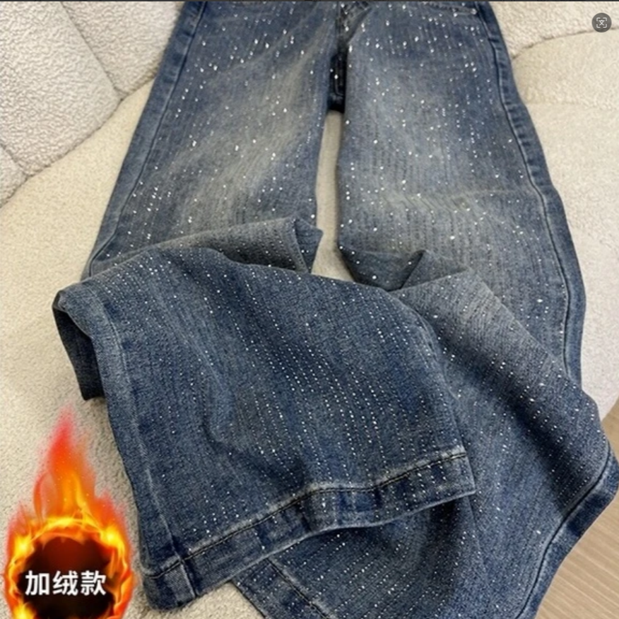 YM 25烫钻女牛仔裤女秋冬加绒深色裤子韩版休闲加厚直筒