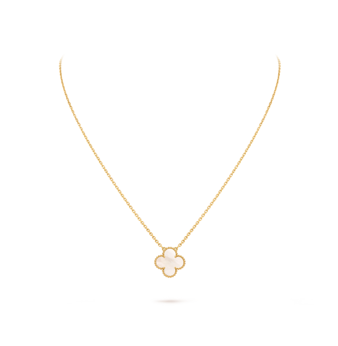 99新 梵克雅宝 Vintage Alhambra 18K黄金 白中花四叶草项链 白花