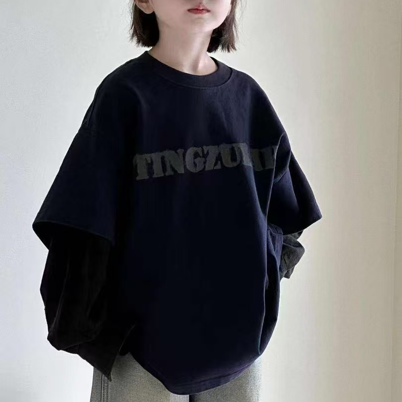 1003韩版2025春季儿童时尚潮流百搭个性藏青色字母寸衫拼接长袖