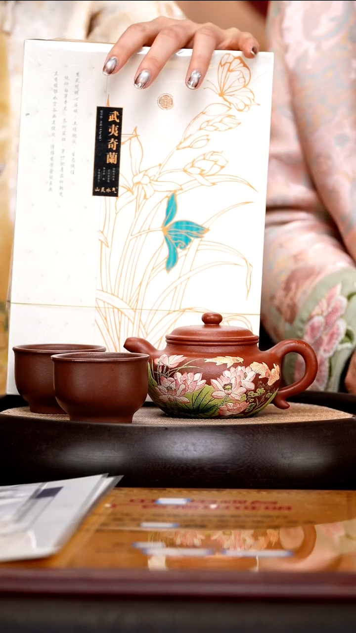 茶壶紫砂CH16 仿古 陈氏朱泥 泥绘荷花金鱼 