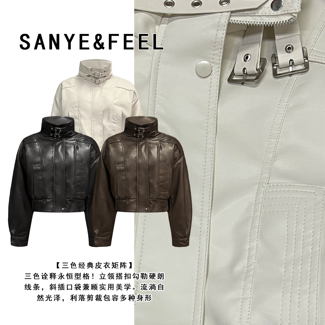 sanye&feel/妍三也【前卫设计】高级感复古加绒加厚皮衣外套54240YX