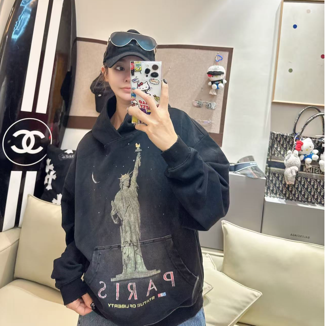 贝贝【康丽印花-女神像】炒色+水洗做旧！情侣款纯棉长袖连帽卫衣
