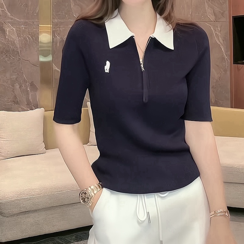 POLO领撞色刺绣时尚休闲T恤女冰丝夏季修身显瘦针织短袖上衣T3955