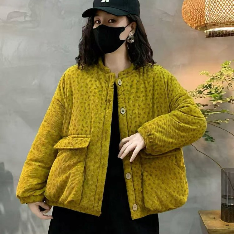 冬高档加绒棉服冬季加厚百搭宽松印花棉袄立领宽松纽扣上衣女休闲