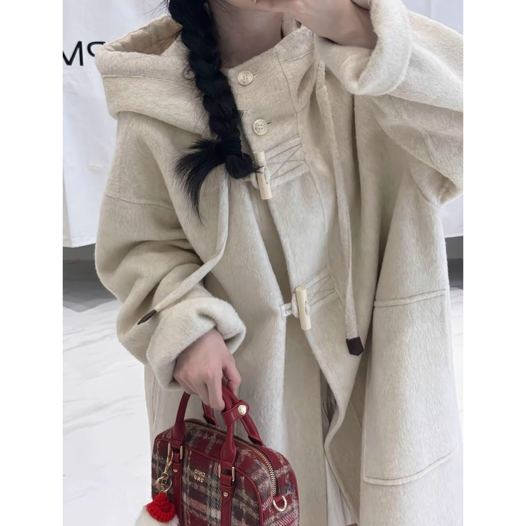 【北岛雪山】秋冬款宽松立领连帽抽绳中长款双面羊毛呢外套大衣女