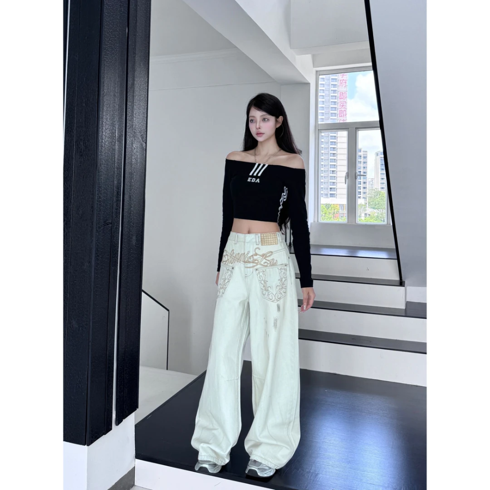 美式复古做旧水洗弯刀牛仔裤女2025秋季新款泥染设计感香蕉阔腿裤