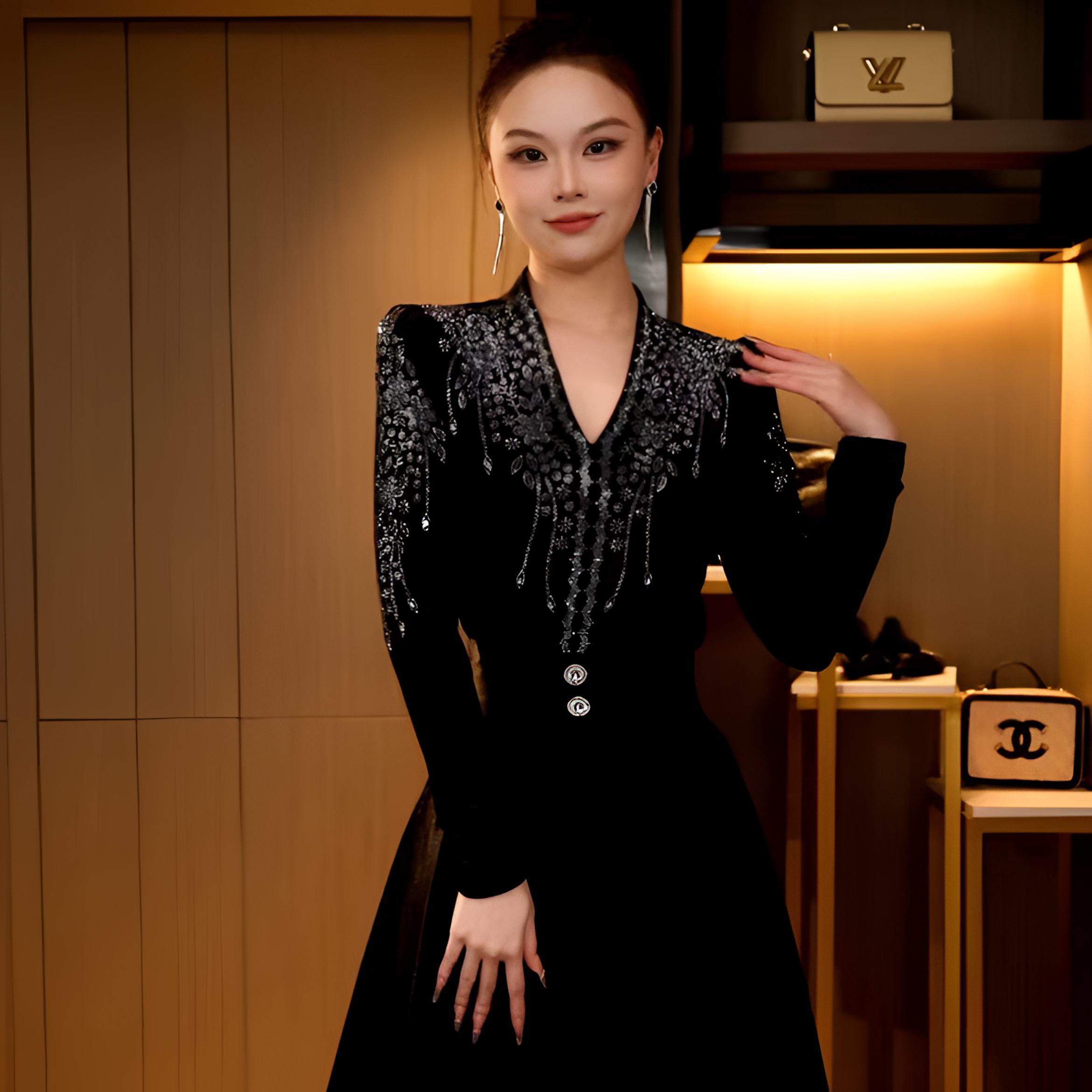 DY25D-2928 秋冬款长袖高贵设计师轻奢法式时尚黑丝绒气质