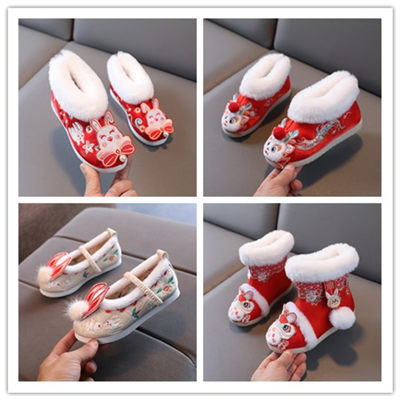 媋曉汉服冬款加绒小童棉鞋加厚女童汉服鞋中国风儿童绣花鞋橡胶底