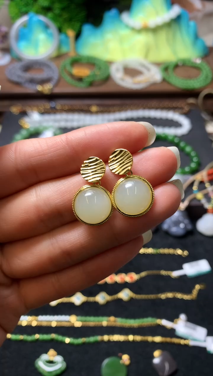 【闪购商品】和田玉耳饰银S925镶嵌耳钉