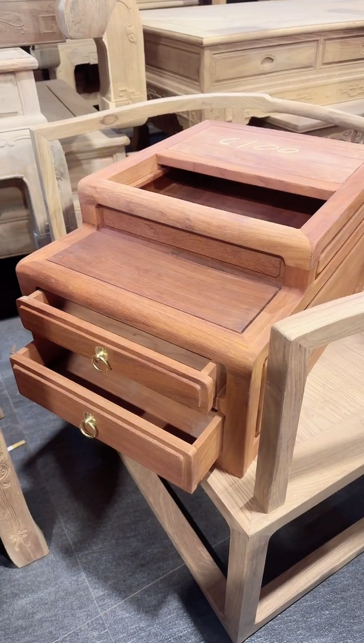 花梨木类家具非洲紫檀飘窗几抽屉款（毛胚有白皮树结烂疤