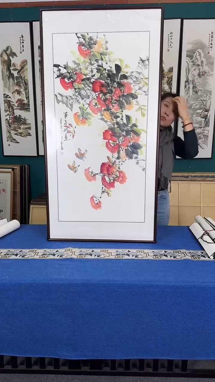 国画柿柿如意 实木装裱60*120