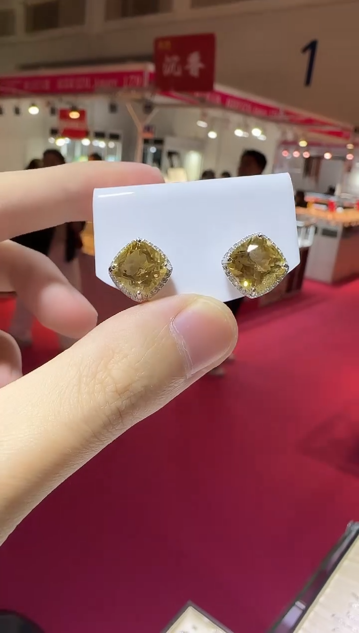 银S925镶嵌耳饰黄晶10mm耳钉简约