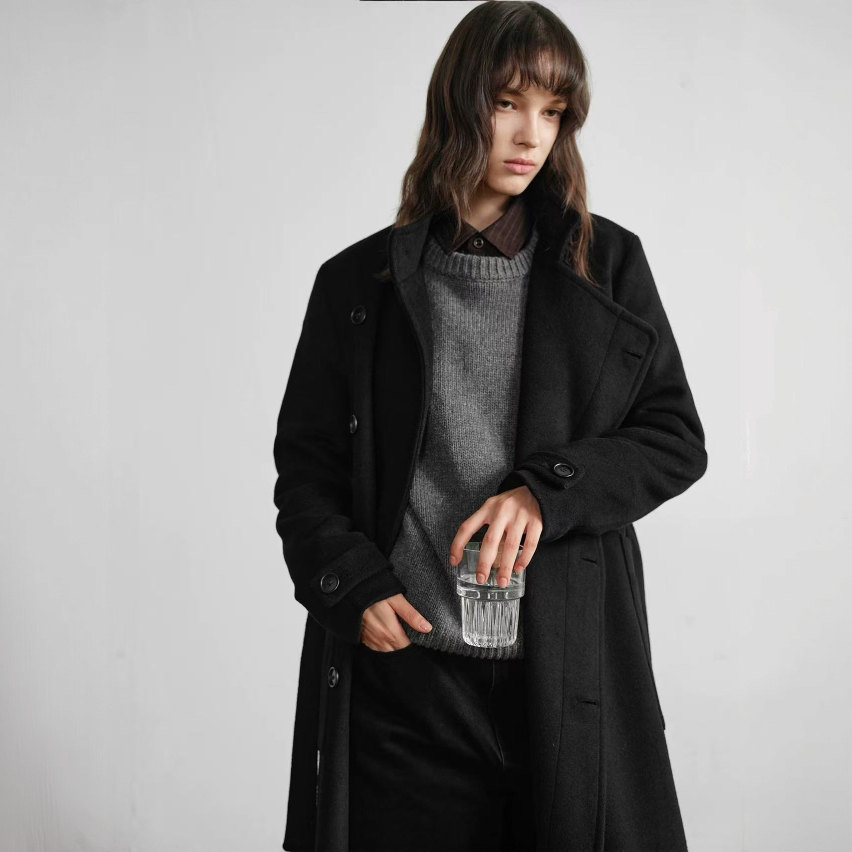 slight vogue丨羊毛黑半高领双排扣极简长款大衣外套SV4574A