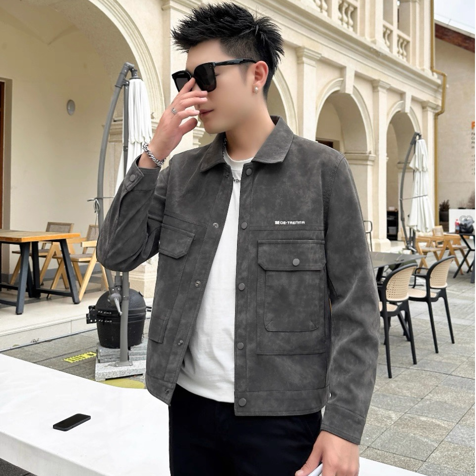 【复古哑光扎染加绒皮衣】秋冬新款加厚翻领长袖时尚保暖外套-6822