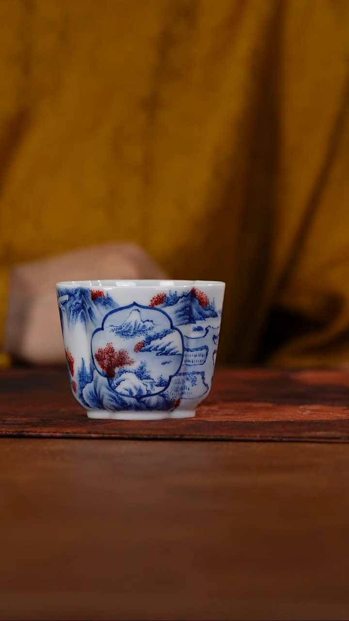 画堂春釉里红四时安康四季山水杯@@htc1431