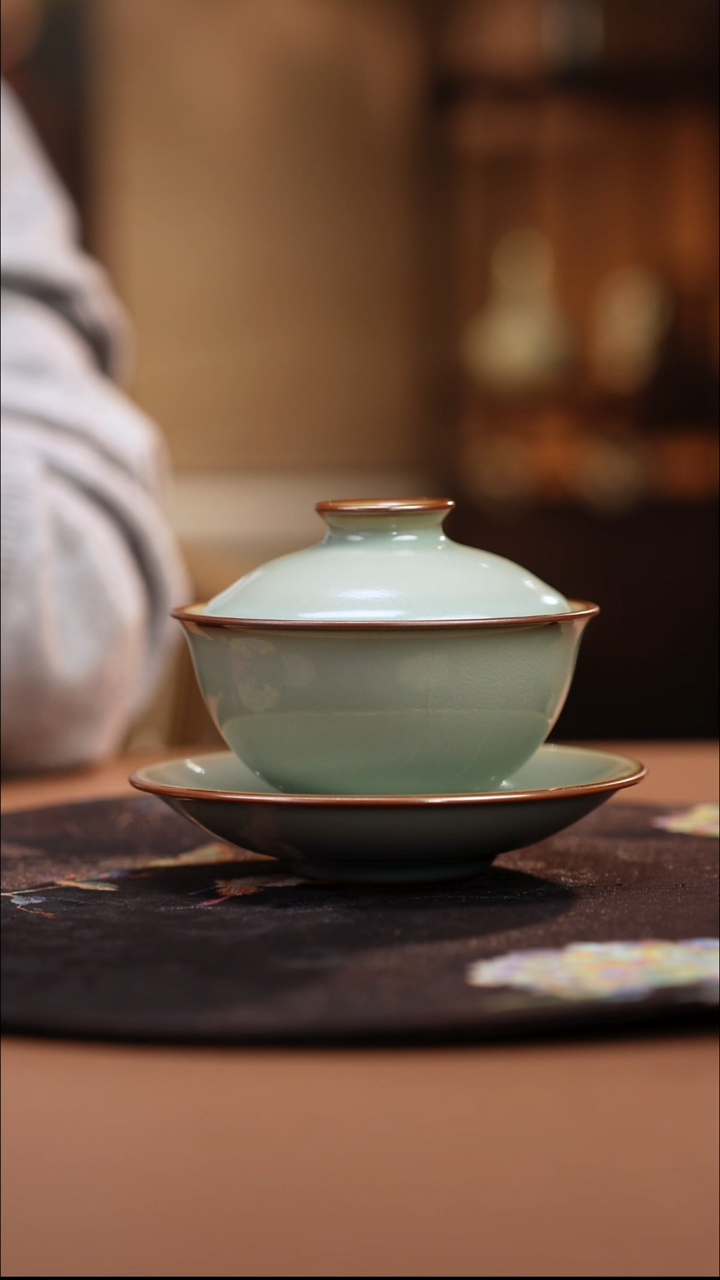 气柴窑 老矿青 三才元宝盖碗