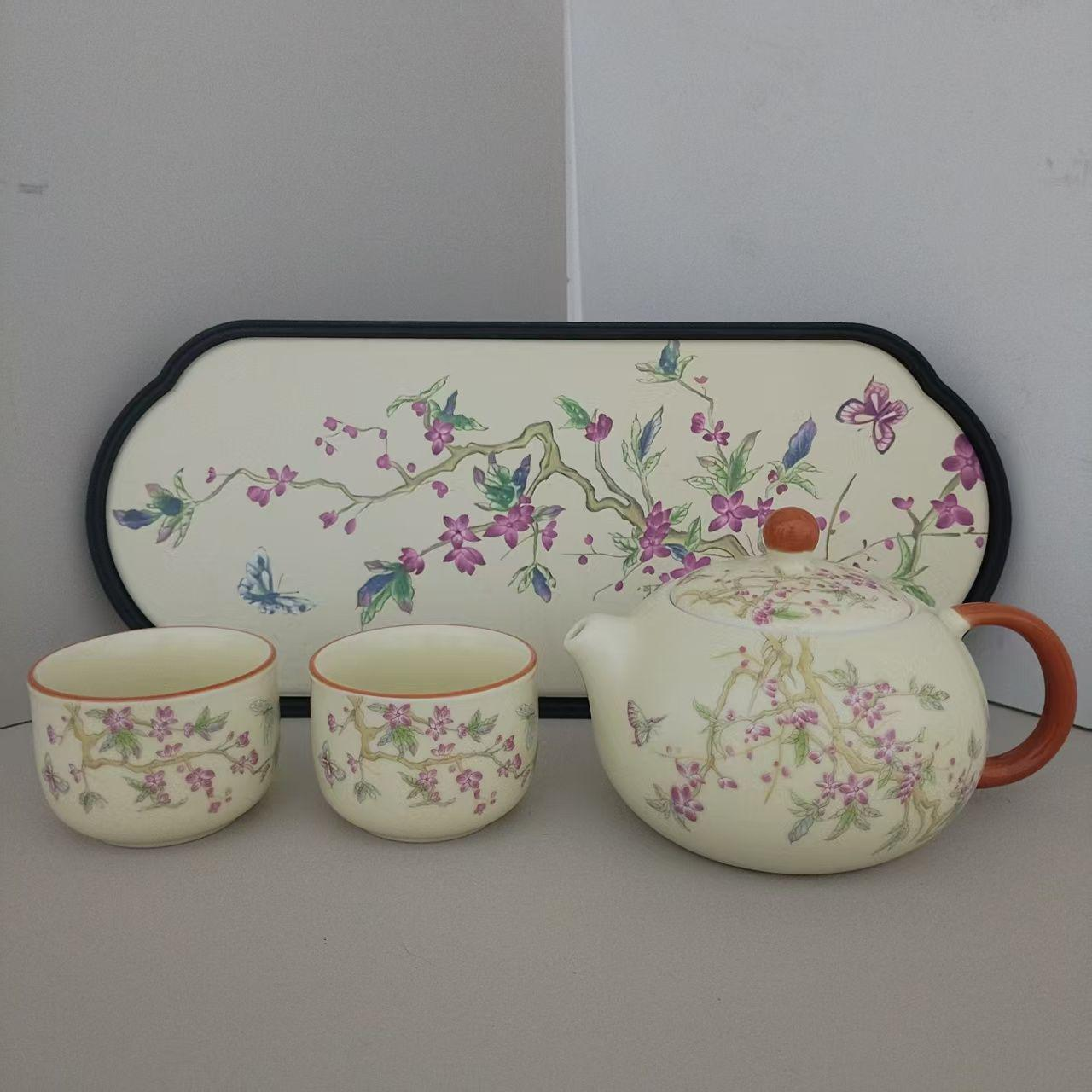 G3666-桃花一壶两杯带桃花茶盘