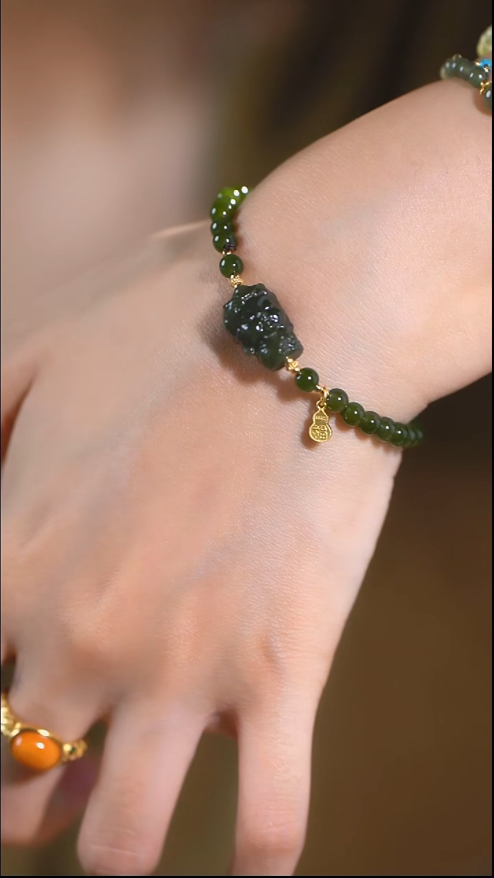 银S925镀金镶嵌手串和田玉和田单圈度度