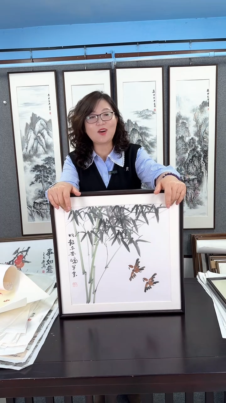 国画实木装裱  竹子 50*50